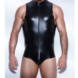 Men's PU Leather Sexy Lingerie Black Zipper Sleeveless Bodysuit