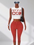 Sexy Letter Print Crop Tank Top Capri Pants Tight Fit Two Piece Set
