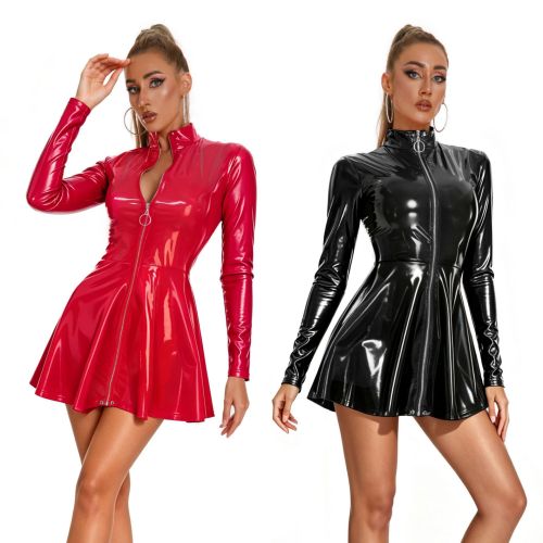 Club Patent Pu Leather Long Sleeve Zipper Sexy Dress
