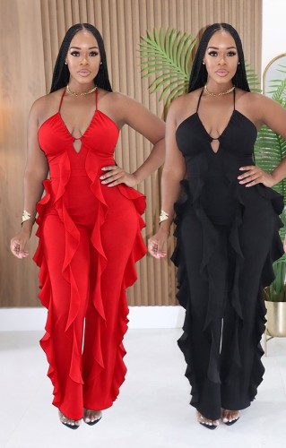Sexy Strap V-neck Ruffle Jumpsuit