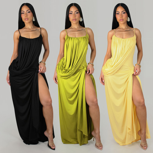 Strap Solid Ruched Slit Long Evening Dress