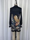 Floral Print Velvet Lace Patchwork Long Sleeve Bodycon Dress