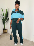 Sports Casual Colorblock Half Sleeve Top Flare Pants Two Piece Set