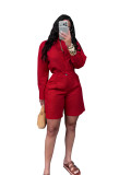 Solid Turn Down Collar Long Sleeve Shirt and Shorts Two Piece Set