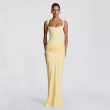 Sexy Fashionable Sleeveless Slim-Fit Pleated Square-Neck Maxi Evening Dress