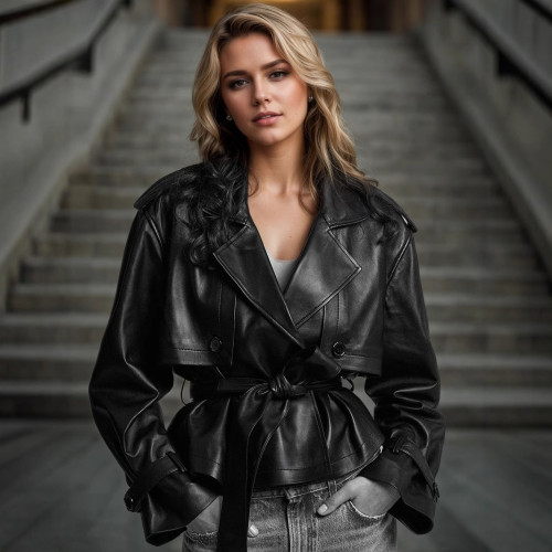 PU Leather Belted Jacket Trench Coat