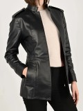 Black PU Faux Leather Buttonless Jacket with Pockets Trench Coat