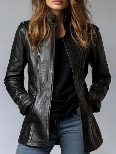 Black PU Faux Leather Buttonless Jacket with Pockets Trench Coat