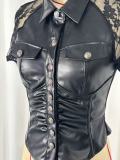 Fashion PU Leather Mesh Patchwork Button Blouse Top