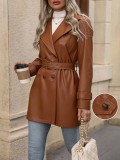 Brown PU Leather Double Breasted Belted Long Coat