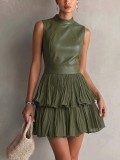 Sexy Sleeveless PU Patchwork Dress Double Layered Ruffled Short Dress