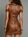 Sexy PU Leather Cold Shoulder Short Sleeve Ziipper Mini Dress