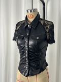 Fashion PU Leather Mesh Patchwork Button Blouse Top