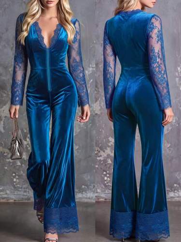 Fashion Elegant Deep V-neck Long-sleeved wide-leg Velvet Lace Patchwork Jumpsuit​