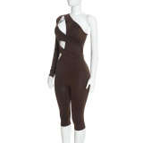 Women's One Shoulder Cut-out Single Sleeve Solid Capri Jumpsuit