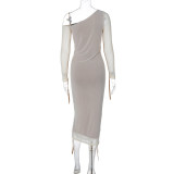 Long Sleeve Mesh Patchwork Slash Shoulder Pleated Midi Dress