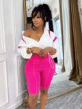 Color-blocke Patchwork Sports Drawstring Jacket and Shorts Two Piece Set