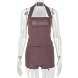 Solid Halter Neck Low Back Top and Shorts Two Piece Set