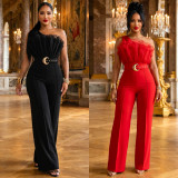 Chic Mesh Patchwork One Shoulder High Waist Wide Leg Jumpsuit