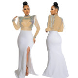 Sexy Rhinestone Embellished Sheer Mesh Slit Long Evening Dress