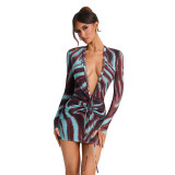 Deep V-neck Print Long-sleeved Slim Dress