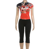 Trendy Chinese-inspired Printed Top and Solid Capri Pants Two-piece outfit
