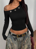 Solid Slash Shoulder Eyelet Long Sleeve Crop Top