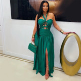 Solid Halter-neck Cut-out Tie Side Slit Party Evening Dress
