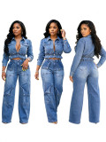 Fashion sexy slightly stretchy multi-pocket washed denim casual set