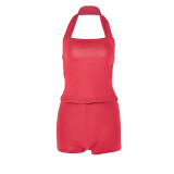 Solid Halter Neck Low Back Top and Shorts Two Piece Set