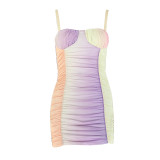 Gradient Colorblock Straps Ruched Mesh Bodycon Dress