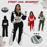 High Neck Zipper Jacket and Contrast Color Trousers Tracksuit Two Piece Set