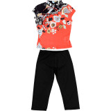 Trendy Chinese-inspired Printed Top and Solid Capri Pants Two-piece outfit