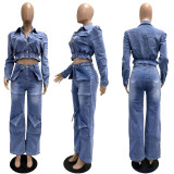 Fashion sexy slightly stretchy multi-pocket washed denim casual set