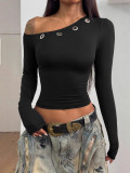Solid Slash Shoulder Eyelet Long Sleeve Crop Top