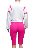 Color-blocke Patchwork Sports Drawstring Jacket and Shorts Two Piece Set