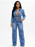 Fashion sexy slightly stretchy multi-pocket washed denim casual set