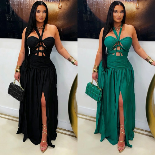 Solid Halter-neck Cut-out Tie Side Slit Party Evening Dress