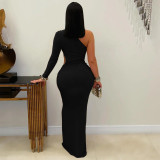 Sexy One-shoulder Single-sleeve Slim Cut-out Bodycon Maxi Dress