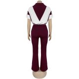 Women's Contrast Color Casual Sportswear Short-sleeve Zipper Jacket and Sweatpants Two Piece Set
