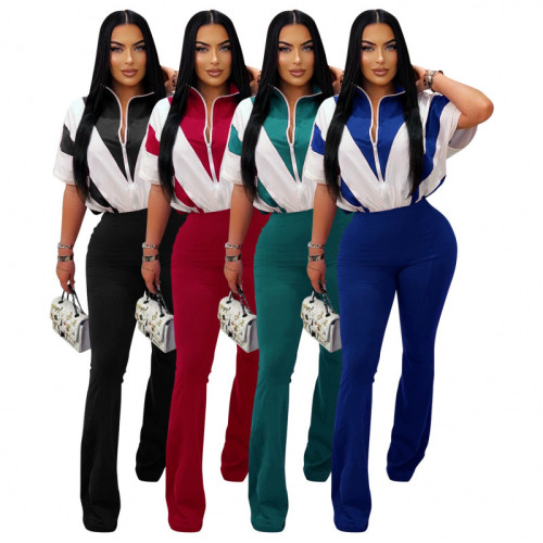 Short Sleeve Contrast Color Patchwork Sports Flare Jumpsuit