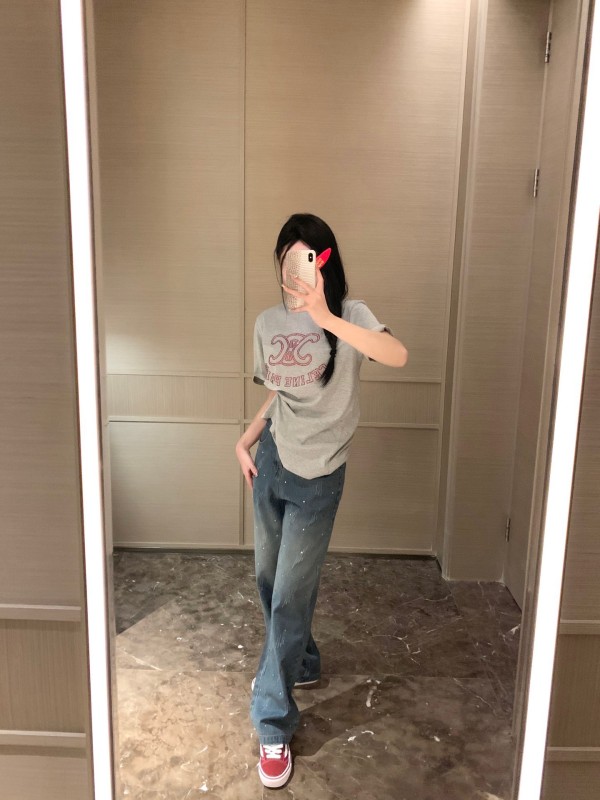 新作 セリーヌ 激安偽物 高温ドリル半袖Tシャツ幅ドリルスリムストレートデニムパンツ