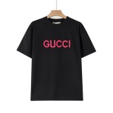 大人気 グッチ スーパーコピー GUCCI24春先の新作Tシャツピンクのアルファベット刺繍ロゴ柄半袖Ｔシャツ