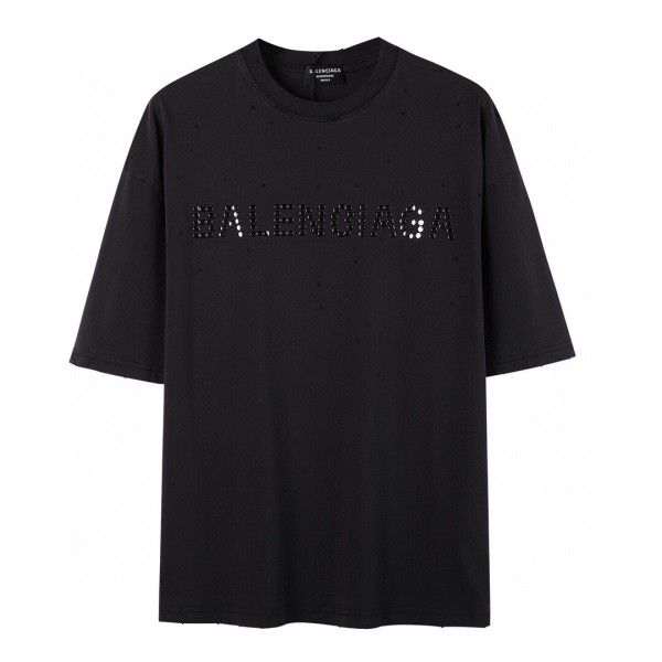 稀少 バレンシアガ コピー2024SS春と夏の新しい洗浄シャツ壊れた穴ラウンドネイルロゴ半袖Tシャツ