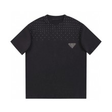 高品質 プラダ スーパーコピー 2024 SS春夏新作水洗三角ロゴ満天星ドリル丸首半袖Tシャツ
