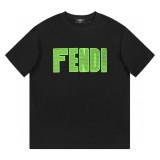 ★超人気 フェンディ コピー アルファベットロゴ蛍光緑プリントラウンドネック半袖Tシャツ