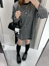 稀少 シャネル コピーおすすめ 古着限定シリカゲルロゴ黒グレーストライプ長袖Tシャツ