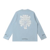 入手困難 クロムハーツ コピーおすすめ サンスクリット大宝剣プリントブルーカップル長袖Tシャツ