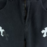★超人気 クロムハーツ コピー 白いクロスに皮を張ったカップル用水洗ジーンズ