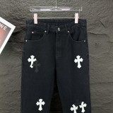 ★超人気 クロムハーツ コピー 白いクロスに皮を張ったカップル用水洗ジーンズ